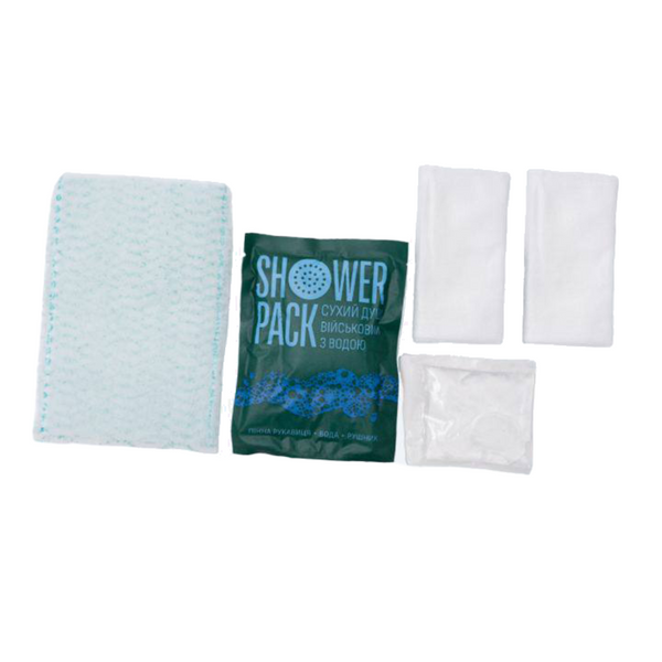 Сухой душ для военных с водой SHOWER PACK, 10 шт &mdash; готовый набор для полевых условий (пенная рукавица + полотенце + 50 мл воды, одноразовый душ) id_42 фото